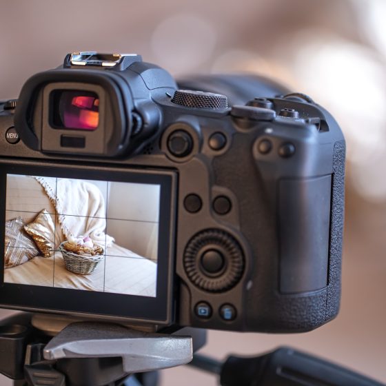 Close up of the screen of a professional digital camera on a tripod.